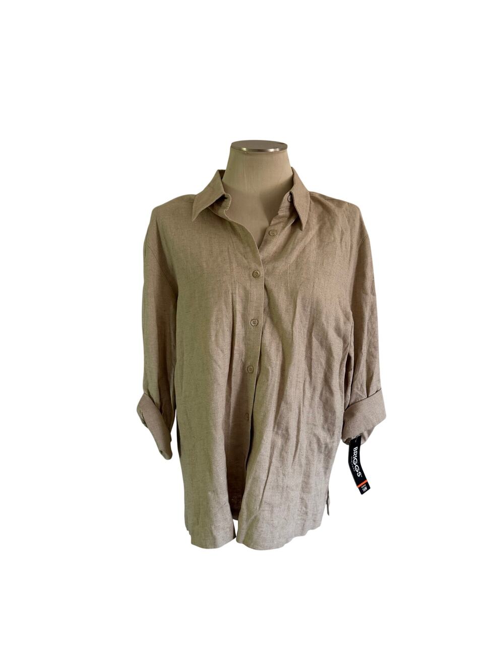 NWT Tan Beige Linen Plus Size Button Shirt 16W Rolled Sleeves Women